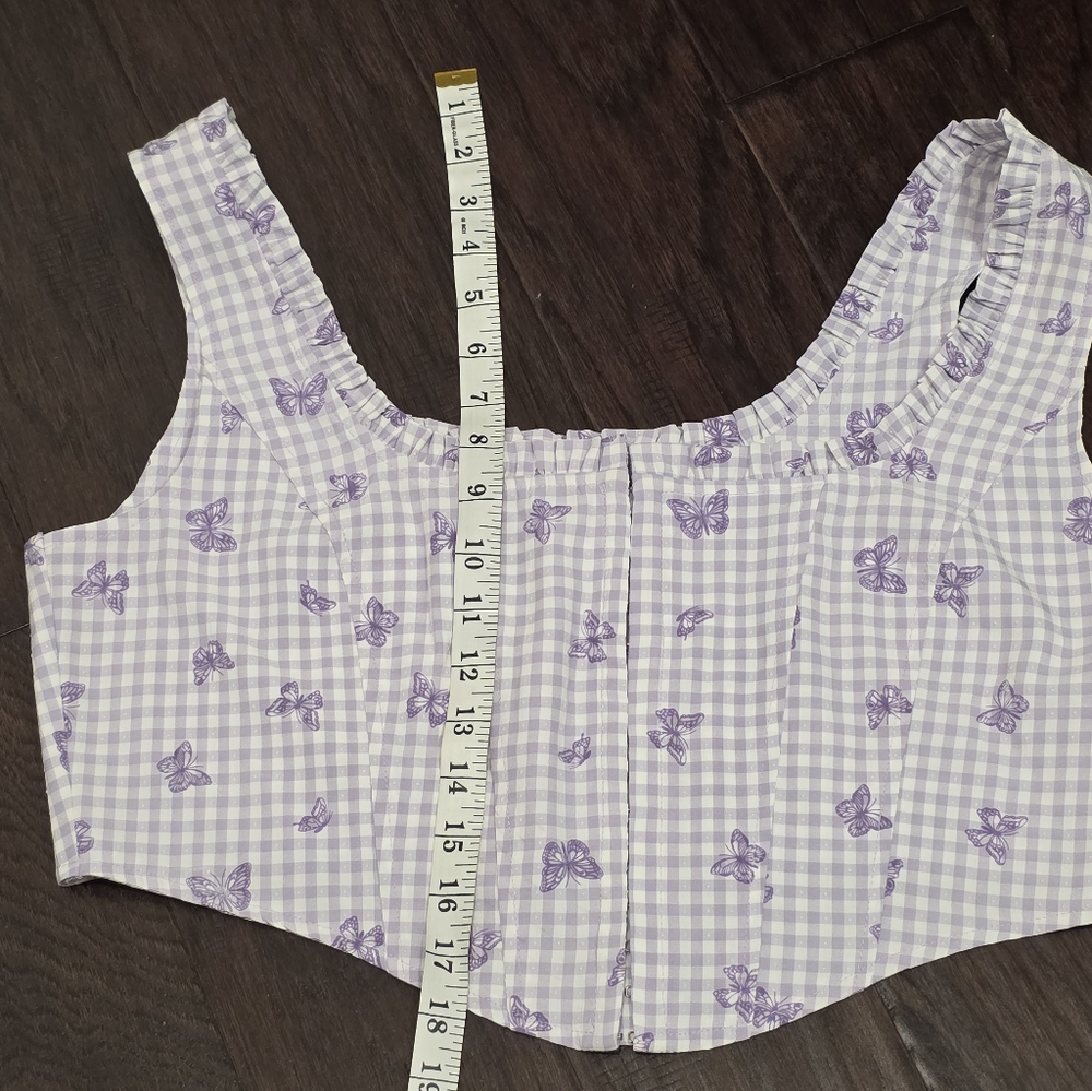 ELODIE Gingham Corset Cropped Top With Butterflis- Purple - XL - Picture 9 of 11
